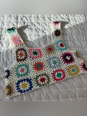 Multicoloured knit crochet crop top tank size S festival boho hippie